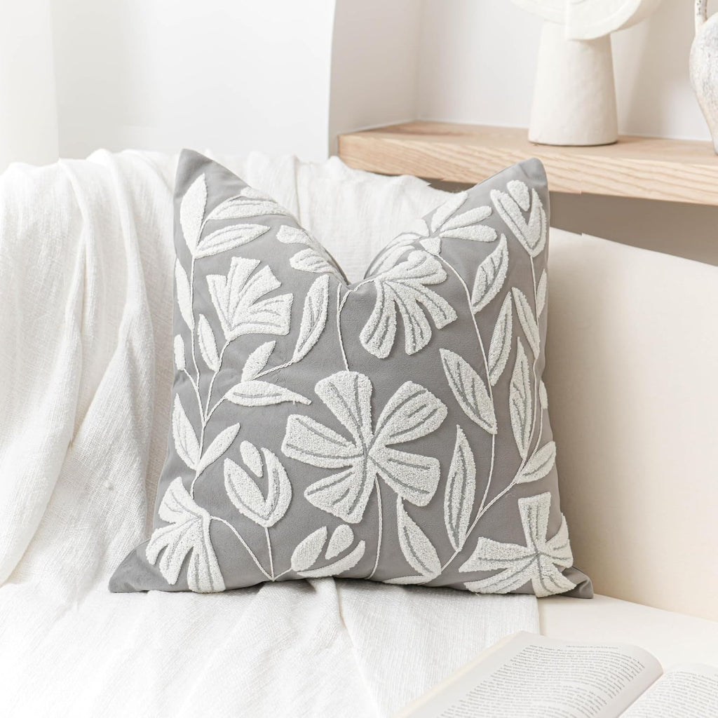 BlissBlush Gray Floral Pillow Cover 20x20 Inch, Velvet Square Throw Pillow Cover Soft Decorative Farmhouse Accent Couch Pillow Cover for…