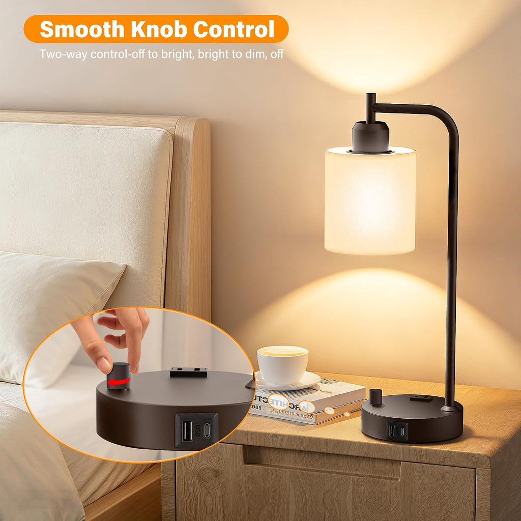 SIBRILLE Industrial Table Lamps with Linen Shade, Set of 2 Fully Dimmable Bedside Lamps with USB A+C Ports and Outlet, Brown Nightstand…