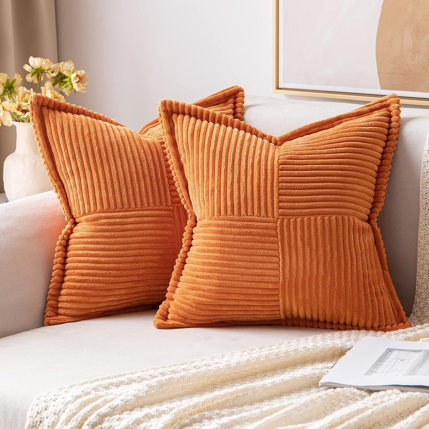 MIULEE Orange Decorative Throw Pillow Covers for Couch Bed Livingroom 18x18 Inch Set of 2 Boho Accent Throw Pllows Broadside Striped…