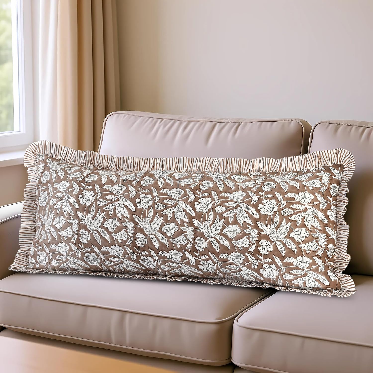 Ridhi Block Print Oak Brown 36"x14" Set 1-100% Cotton Ruffle Lumbar Sham Cover Boho Floral Pillowcase, Farmhouse Cottagecore Bedding…