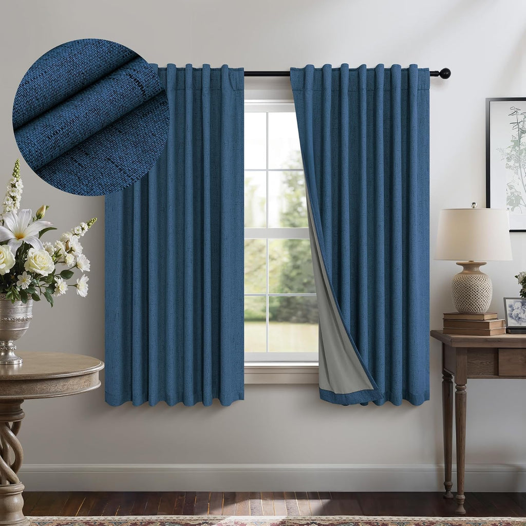 Pitalk Navy Blue Short Blackout Curtains 54 Inch Length 2 Panels for Bedroom Men Room Decor Darkening Linen Textured Insulated Curtains for…