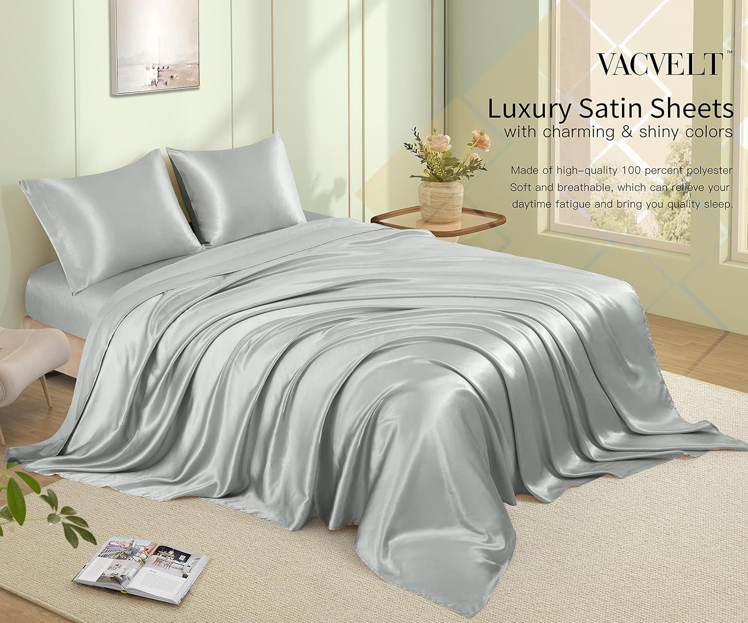 VACVELT 4pcs Silver Grey Satin Sheets Full Size Bed Set, 15 Inch Deep Pocket Silky Satin Sheet Set, Soft Satin Bedding Set Cooling &…