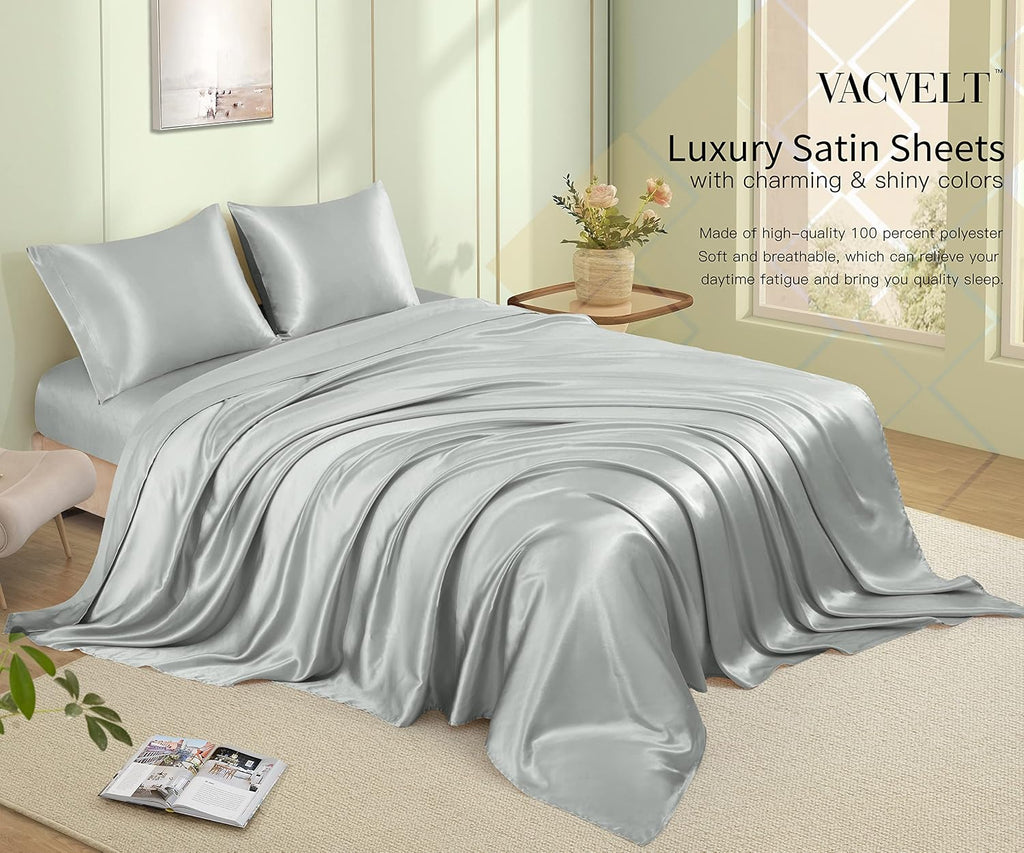 VACVELT 3pcs Silver Grey Satin Sheets Twin Size Bed Set, 15 Inch Deep Pocket Silky Satin Sheet Set, Soft Satin Bedding Set Cooling &…