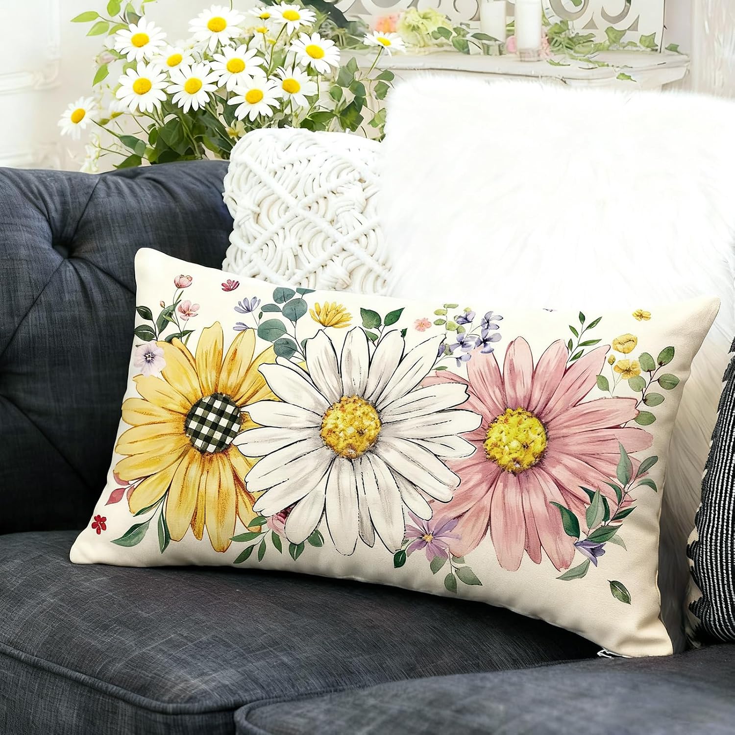 Baccessor Spring Summer Floral Pillow Cover 12x20 Inch, Sunflower Daisy Flowers Lumbar Pillow Case Home Spring Holiday Bed Cushion Sofa Cou…