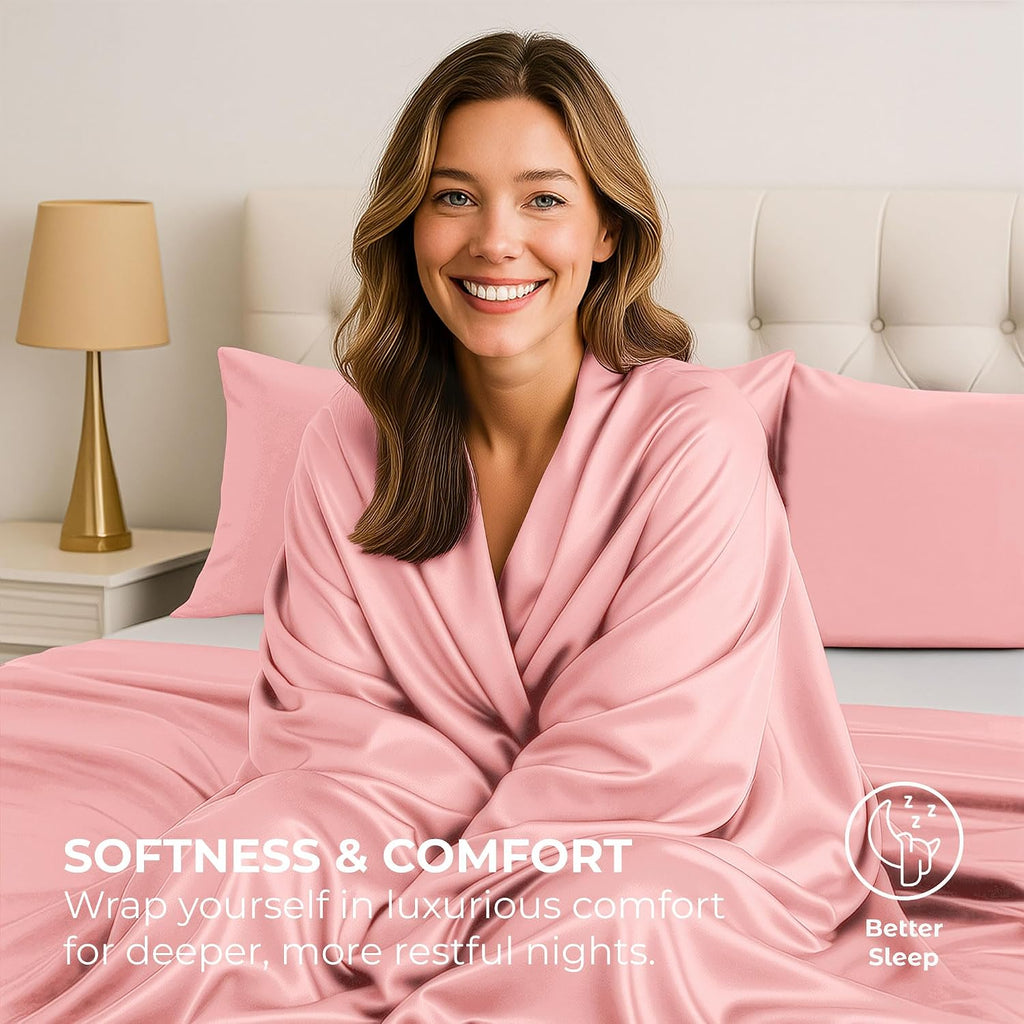 PureBedding Satin Sheets King [4-Piece, Pink] Hotel Luxury Silky Bed Sheets - Extra Soft 1800 Microfiber Sheet Set, Wrinkle, Fade, Stain Re…