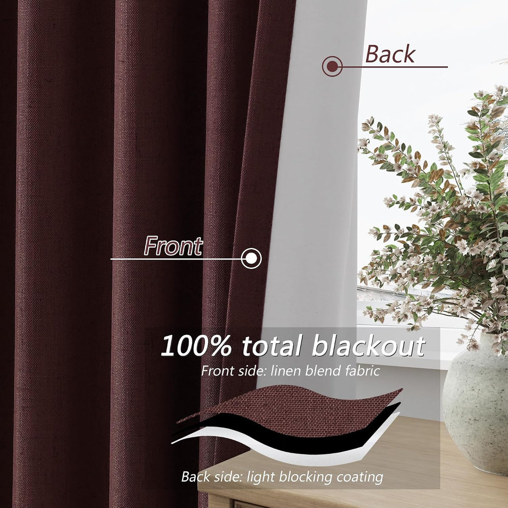 Guken Reddish Brown 100% Blackout Linen Curtains 120 Inch Length 2 Panels Set for Living Room Bedroom Back Tab/Rod Pocket Thermal Insulated…