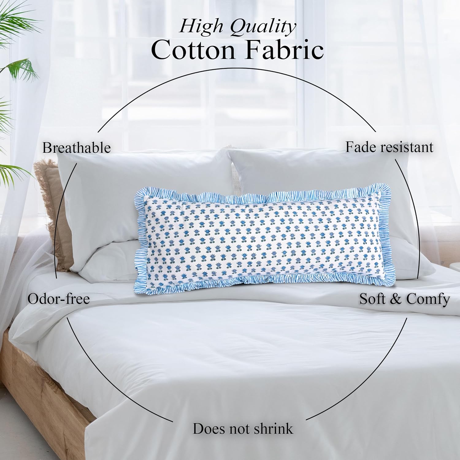 Cottonprintclub CPC Hand Block Print Arctic Blue Ruffle Sham Pillow Cover 36" x 14" inch Hidden Zipper Decorative Pillowcase for Couch, Bed…