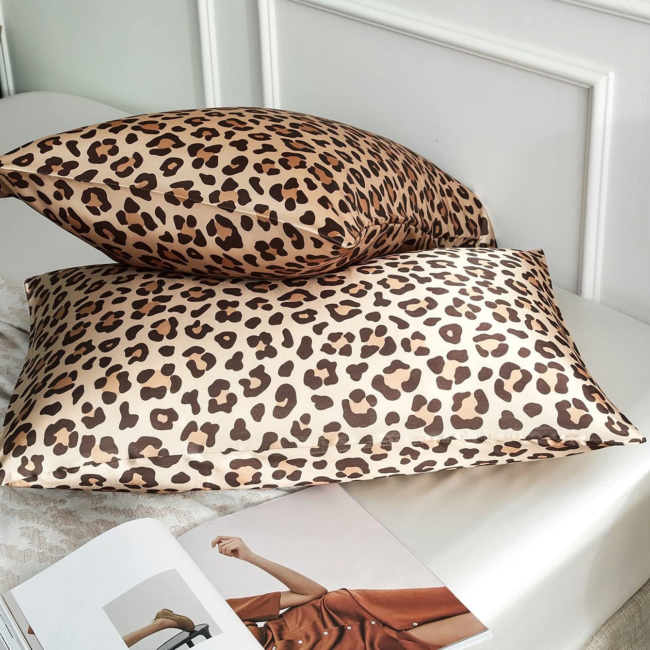 Lcbd Satin Pillowcase King Size for Hair and Skin, Gold Leopard Printed Pillow Cases Set of 2, Silk Satin Pillow Covers for Women with Enve…