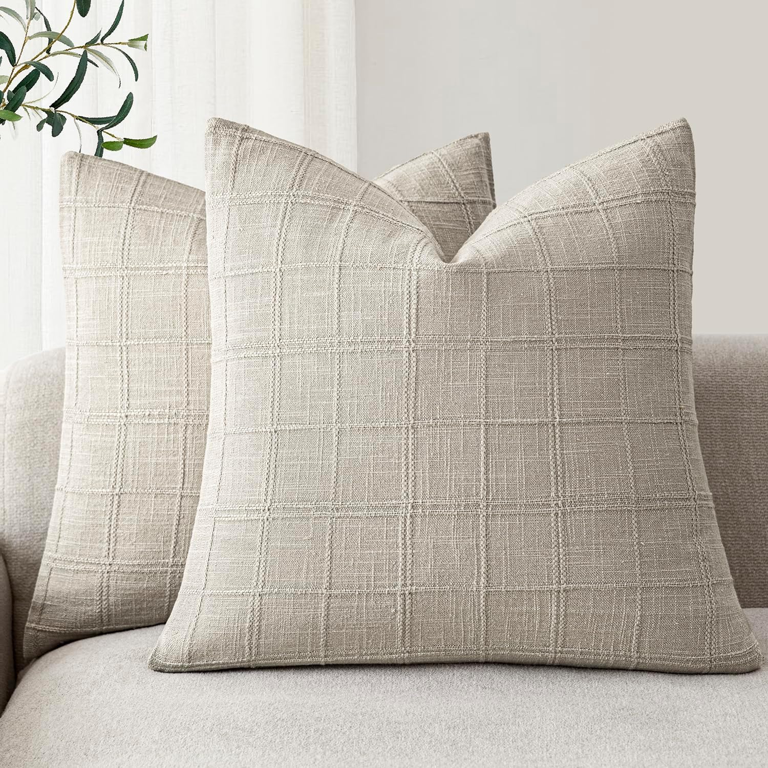 Foindtower Set of 2 Decorative Linen Check Throw Pillow Covers Neutral Farmhouse Vintage Cushion Covers Modern Coastal Boho Home Decor…