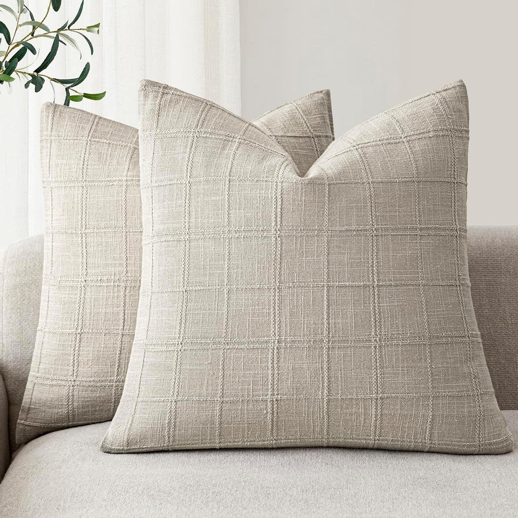 Foindtower Set of 2 Decorative Linen Check Throw Pillow Covers Neutral Farmhouse Vintage Cushion Covers Modern Boho Accent Home Decor for…