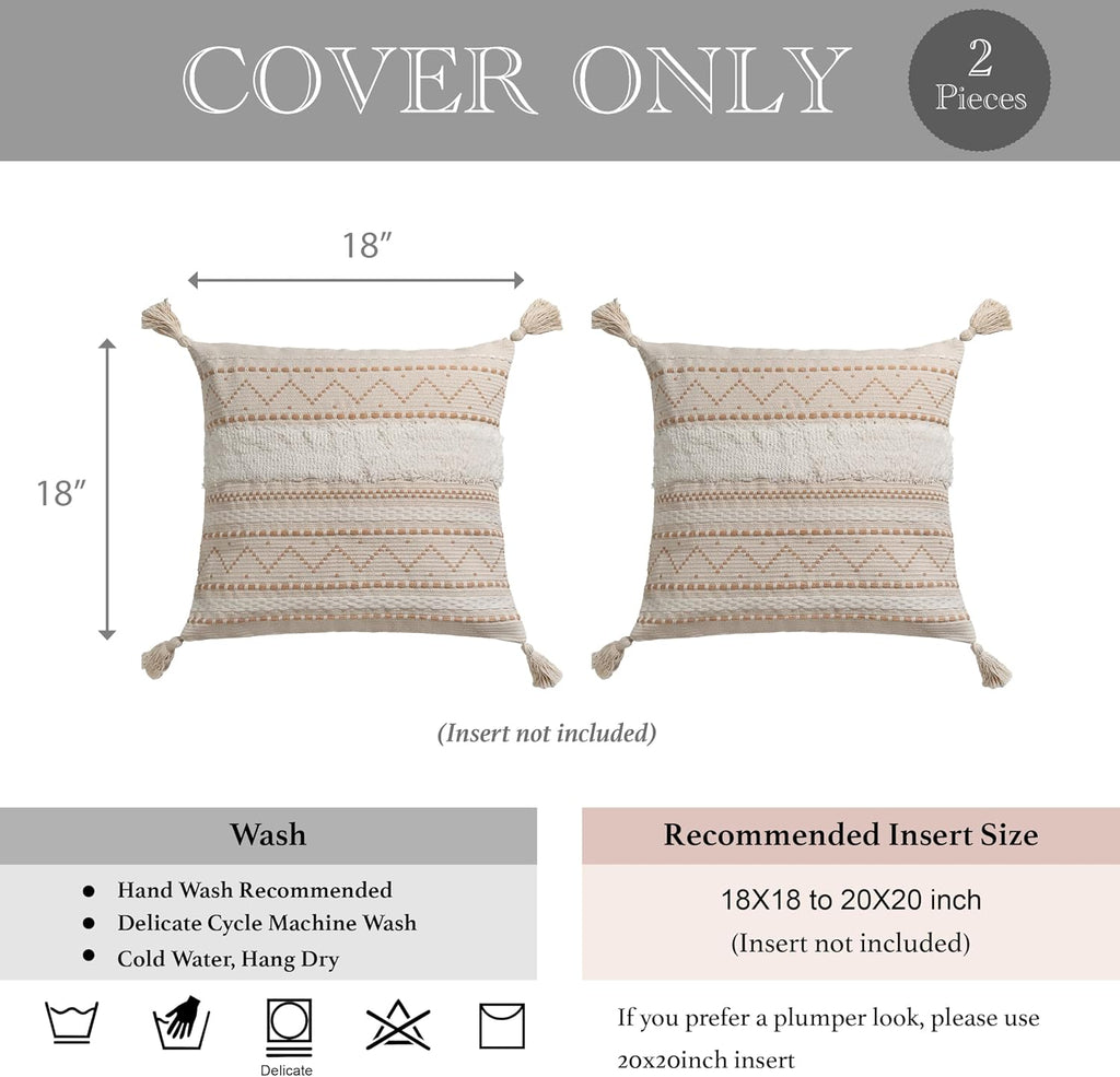 BlissBlush Decorative Throw Pillow Covers 18X18 Combo Set of 2 Square Cream Neutral White Boho Accent Pillowcase Tassels Farmhouse…
