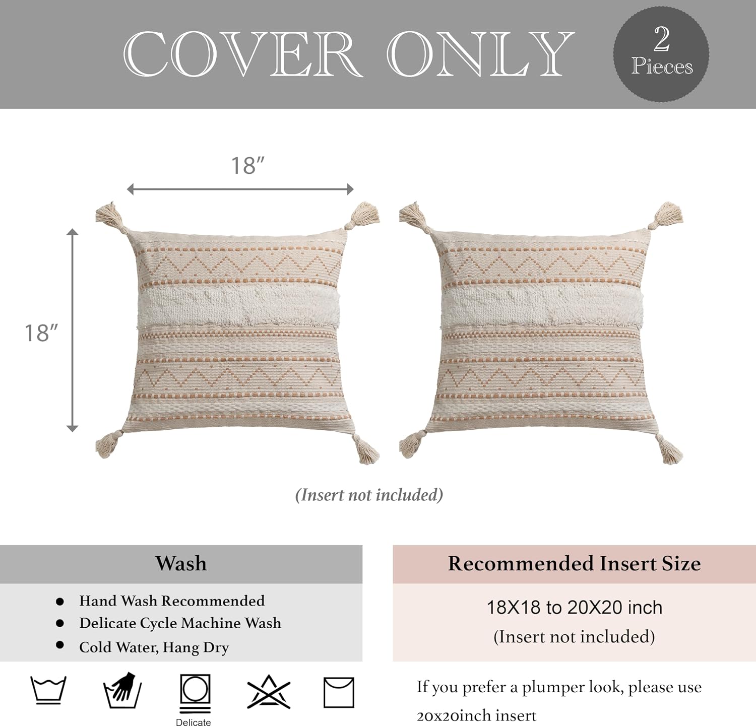 BlissBlush Decorative Throw Pillow Covers 18X18 Combo Set of 2 Square Cream Neutral White Boho Accent Pillowcase Tassels Farmhouse…