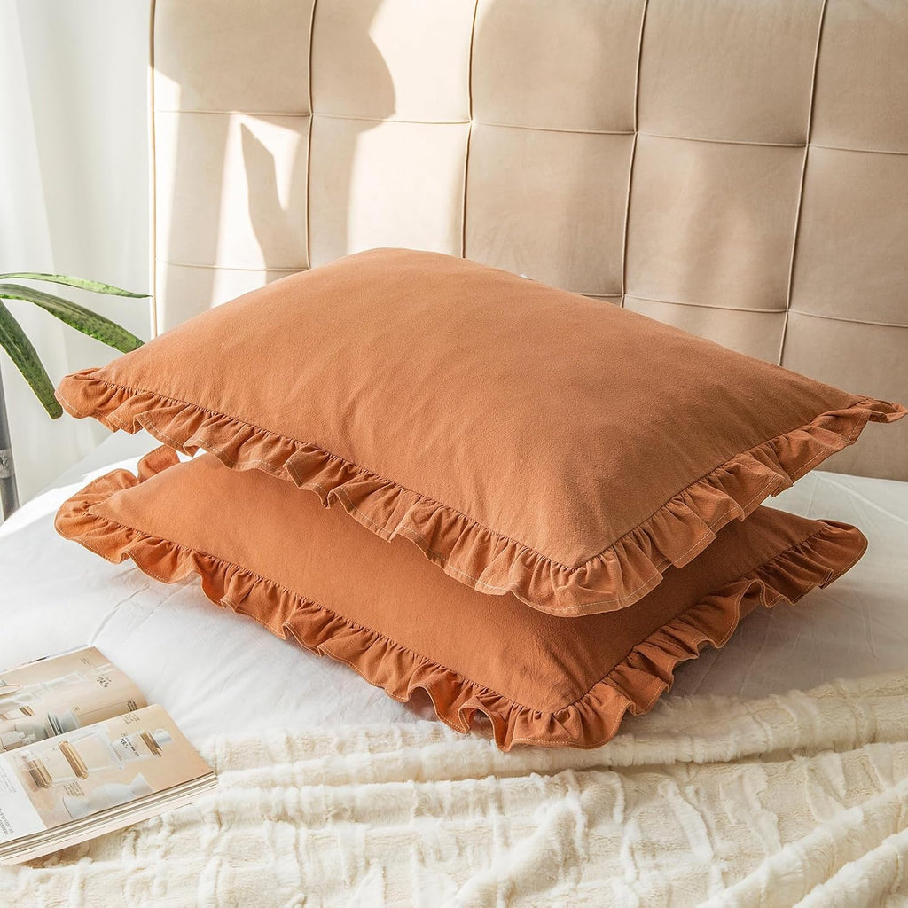GLORY SEASON Pillow Shams Set of 2 Washed 100% Cotton Retro Ruffle Flounces Trim Solid Beige Decorative Pillow Cases for Home Bedroom…