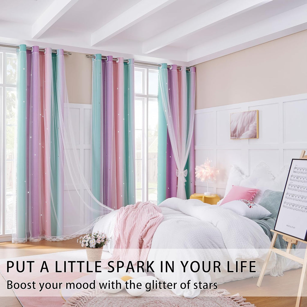 Addsomecolortolife XiDi Curtains for Girls Bedroom Kids Room Unicorn Princess Theme Room Darkening 63 inches Long Wall Decals Pink Purple G…