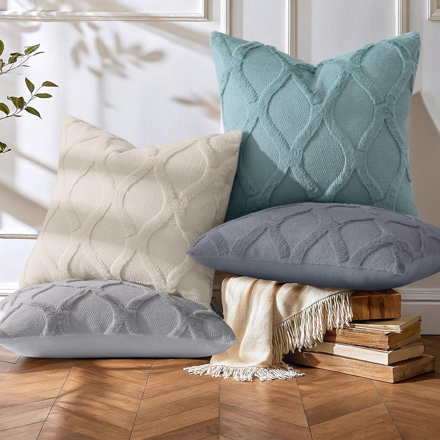 decorUhome Summer Euro Sham Throw Pillow Covers 26x26 Inch Set of 2, Soft Plush Faux Fur Wool Blue Grey Accent Couch Pillow Covers for Mode…