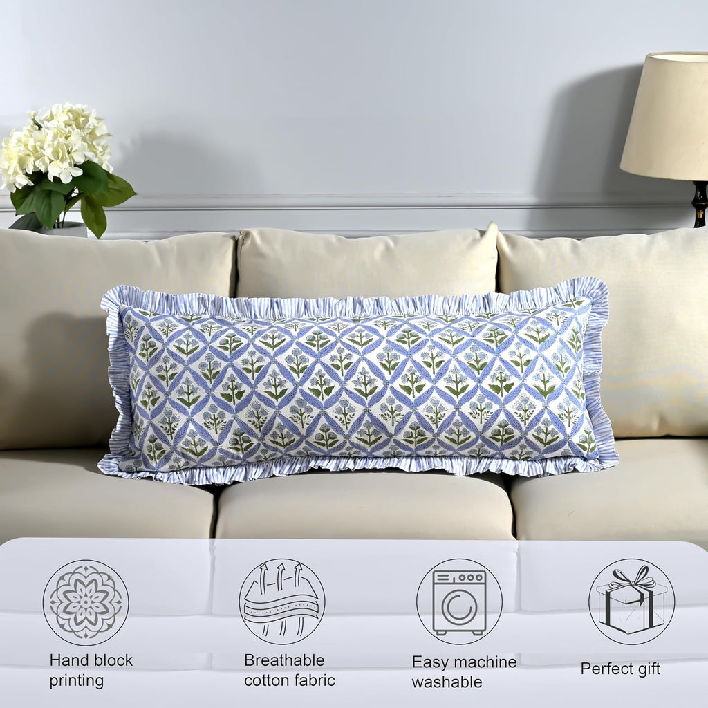 Ridhi Block Print Light Steel Blue 36"x14" Set 1-100% Cotton Ruffle Lumbar Sham Cover Boho Floral Pillowcase, Farmhouse Cottagecore…