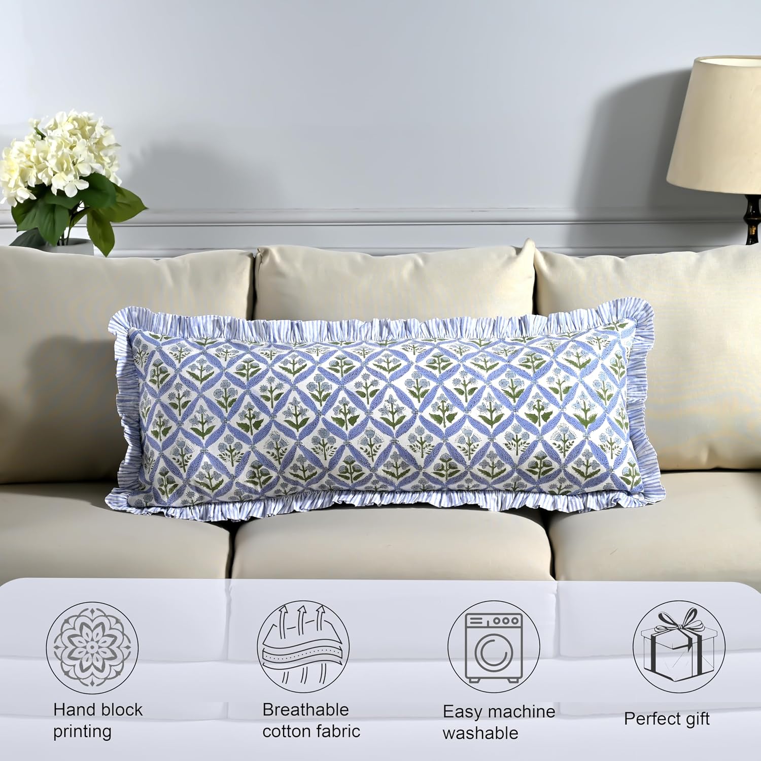 Ridhi Block Print Light Steel Blue 36"x14" Set 1-100% Cotton Ruffle Lumbar Sham Cover Boho Floral Pillowcase, Farmhouse Cottagecore…