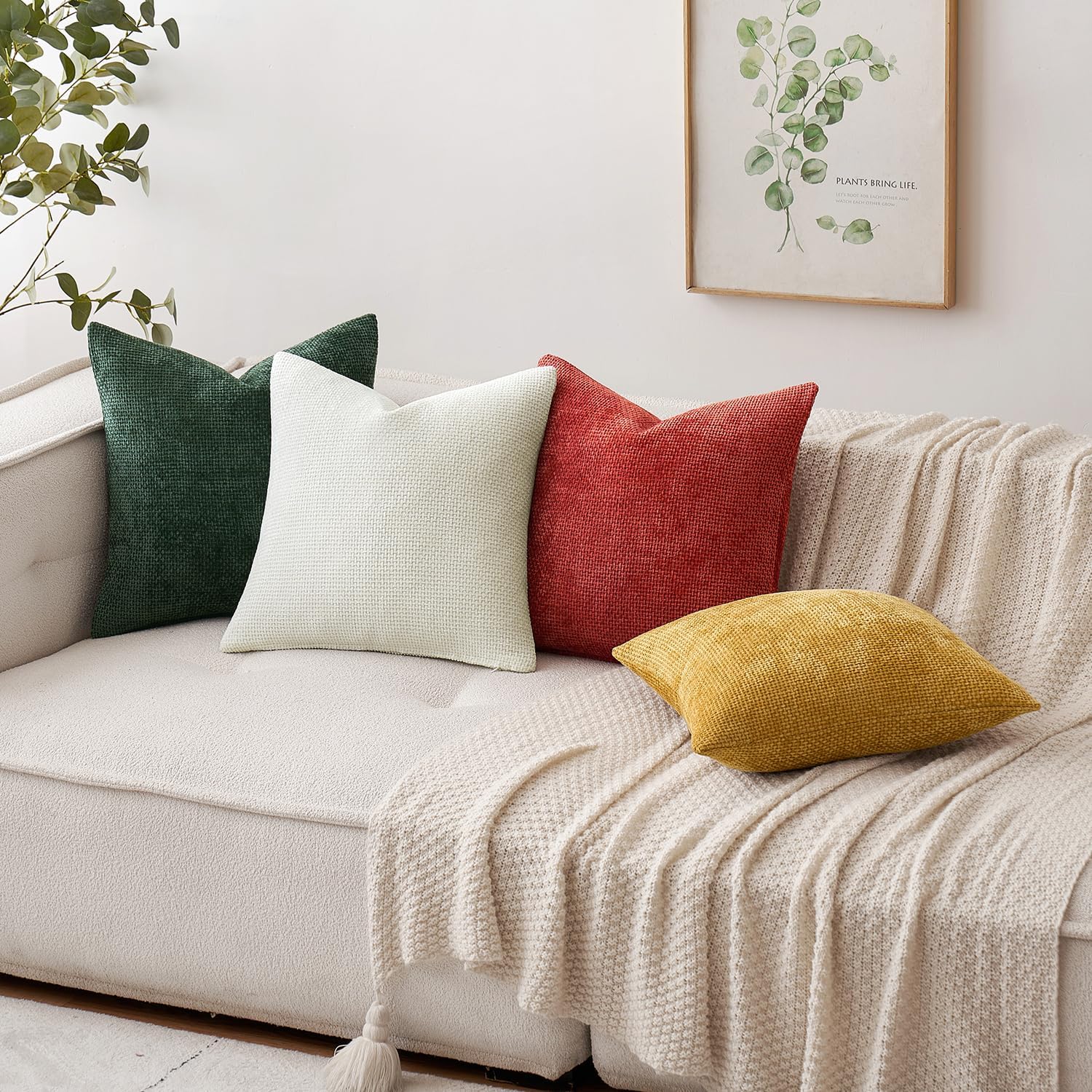 Miulee Pack of 2 Green Couch Throw Pillow Covers 20x20 Inch Modern Boho Accent Decorative Pillow Covers Soft Chenille Farmhouse Cushion Cov…