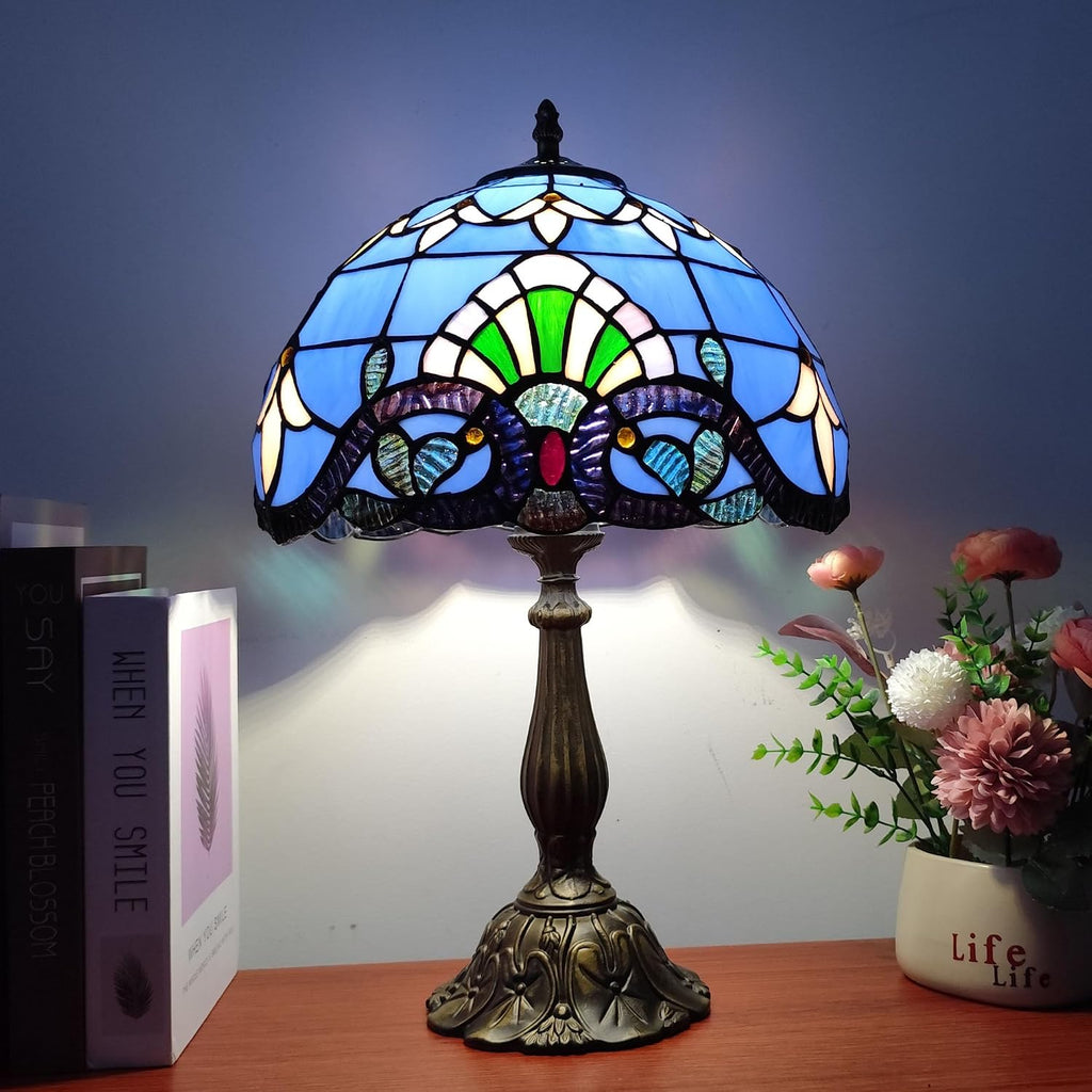 Tiffany Table Lamp 12X12X19 Inch Stained Glass Lamp Blue Baroque Style Antique Bedside Desk Nightstand Light for Bedroom Living Room Home…