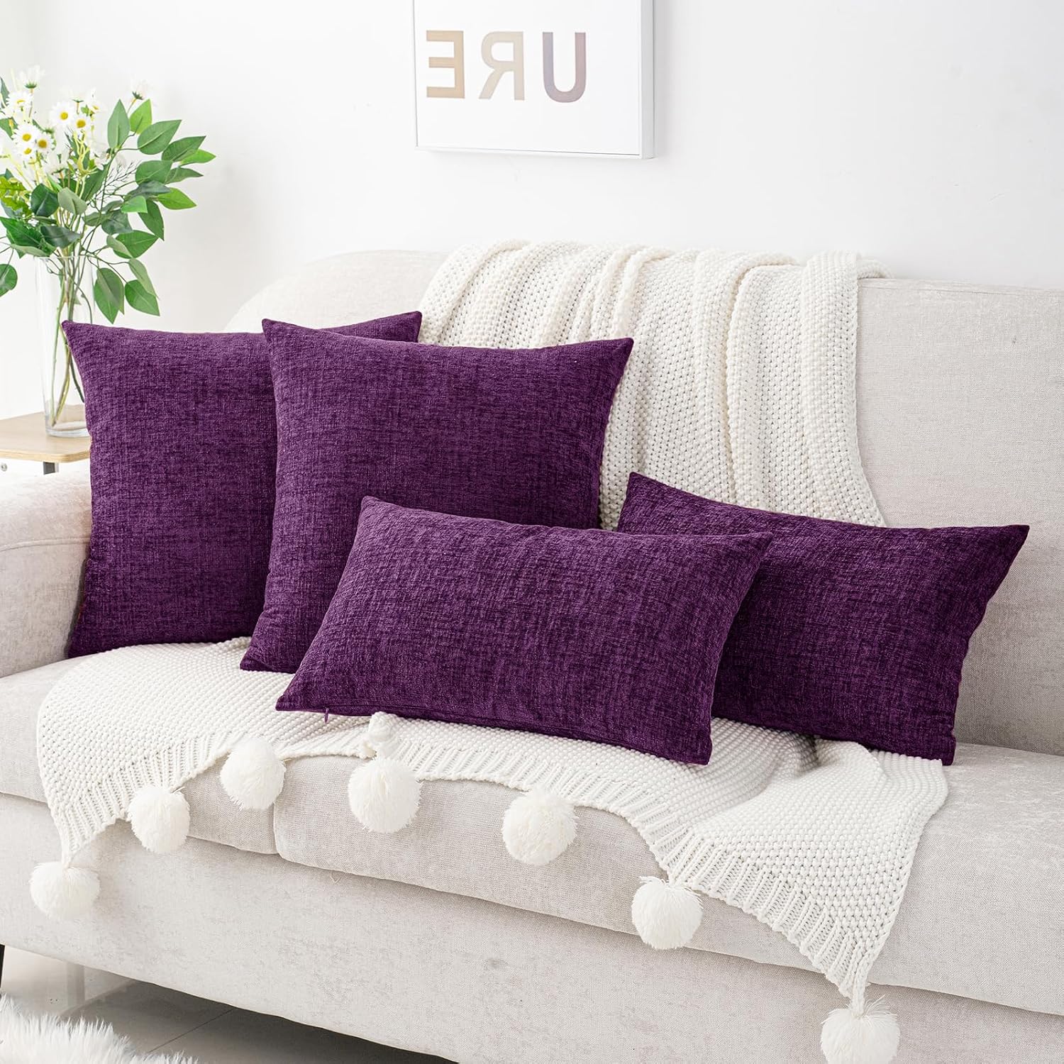 Hwy50 HWY 50 Purple Couch Pillow Covers 22x22 Inch Pack of 2, Soft Chenille Decorative Throw Pillow Cases Farmhouse for Sofa Living Room Be…