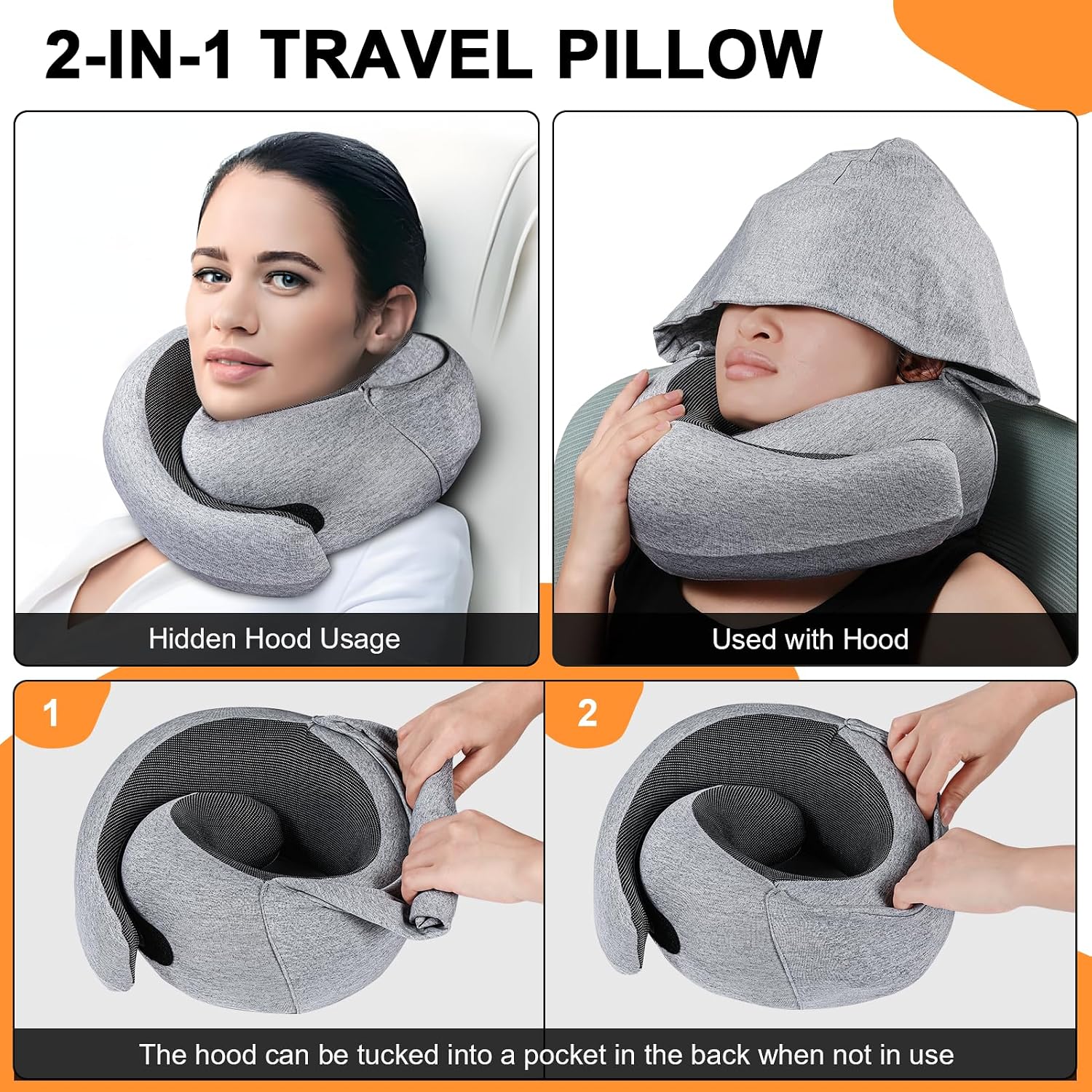 Vzpeun Travel Pillow - Hooded Neck Pillow Airplane Memory Foam Filling for Plane, Cars Sleeping, Road Trip, Long Flights, Airplane Travel E…