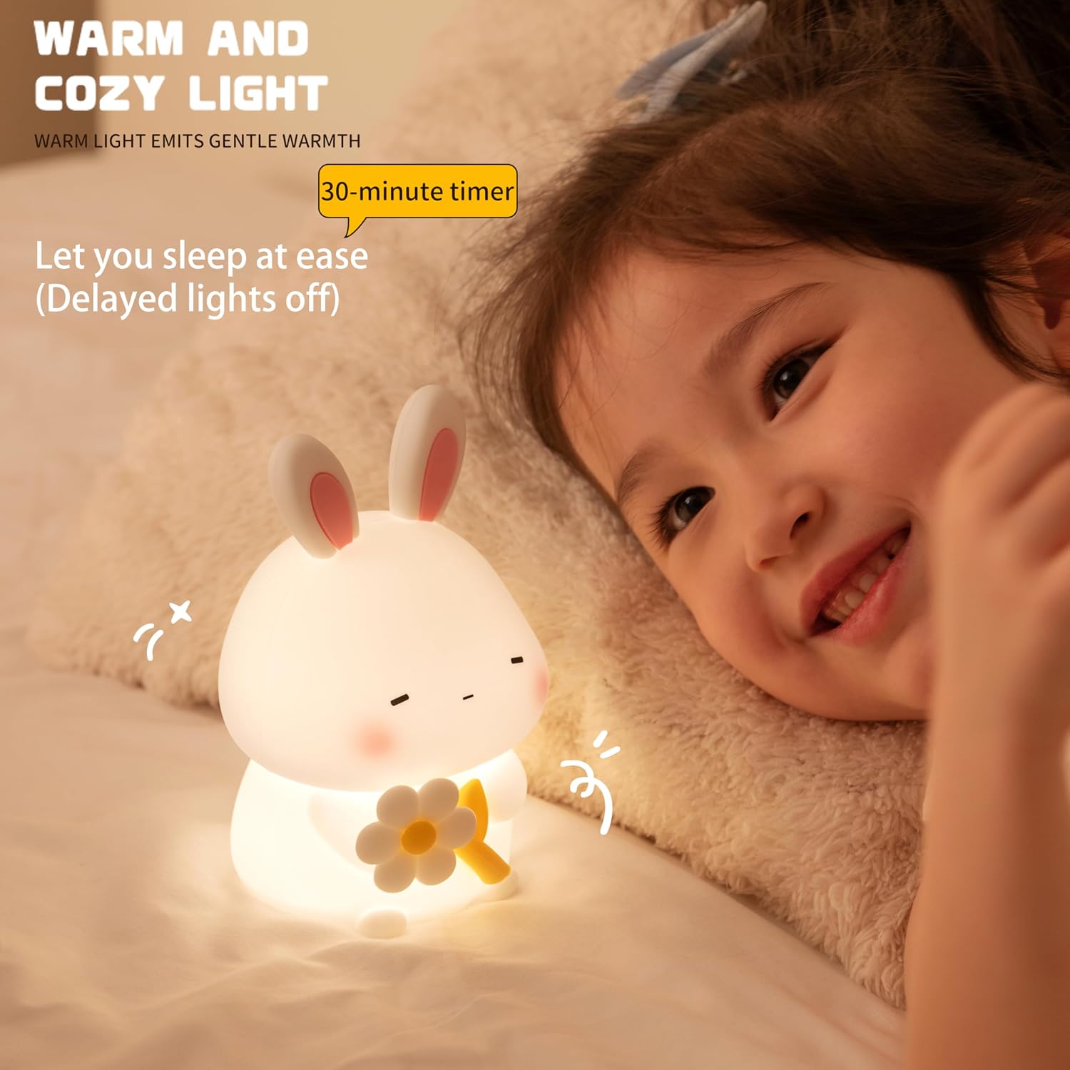 Led Cute Flower Bunny Night Light, Dimmable Timer Kawaii Lamps, Super Squishy Silicone USB Rechargeable Touch Control Night Lamp, Used…
