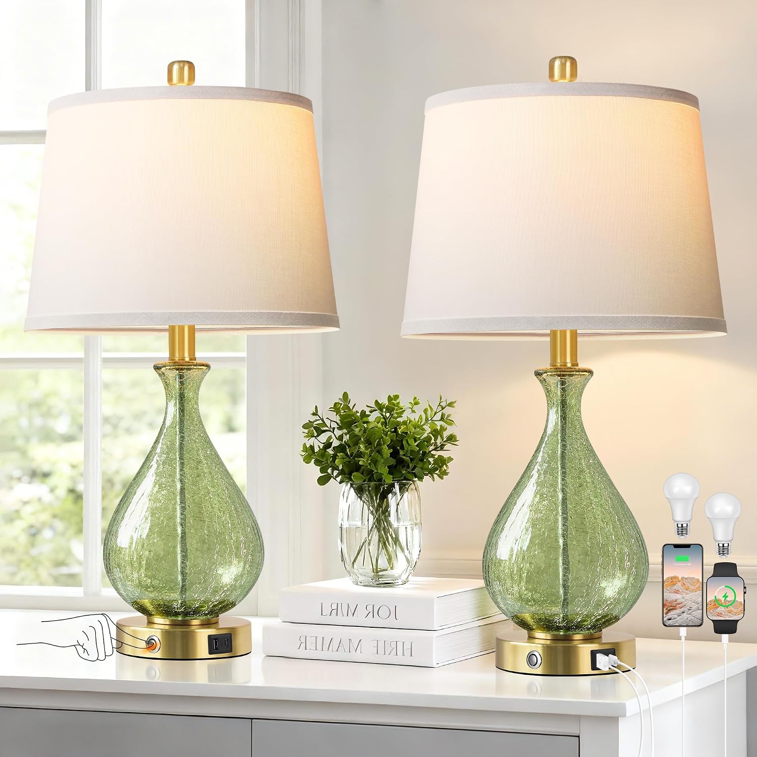 QiMH Green Glass Table Lamps for Living Room, Bedside Lamps Set of 2 with USB A+C Charging Ports, 3 Way Dimmable Touch Lamps for…