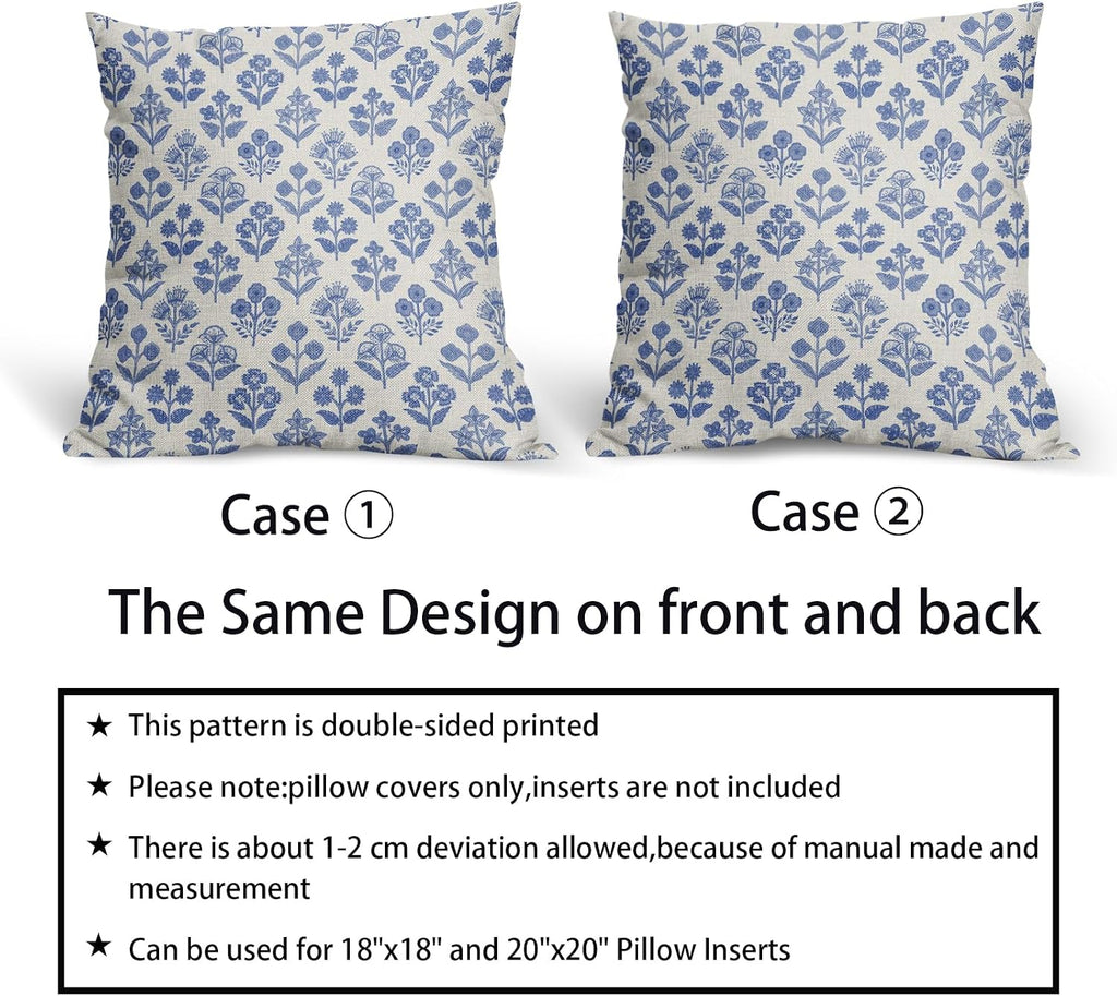 Blue Floral Pillow Covers 24x24 Inch Set of 2, Vintage Flower Block Print Pattern Decorative Throw Pillowcases Outdoor Farmhouse Cushion…