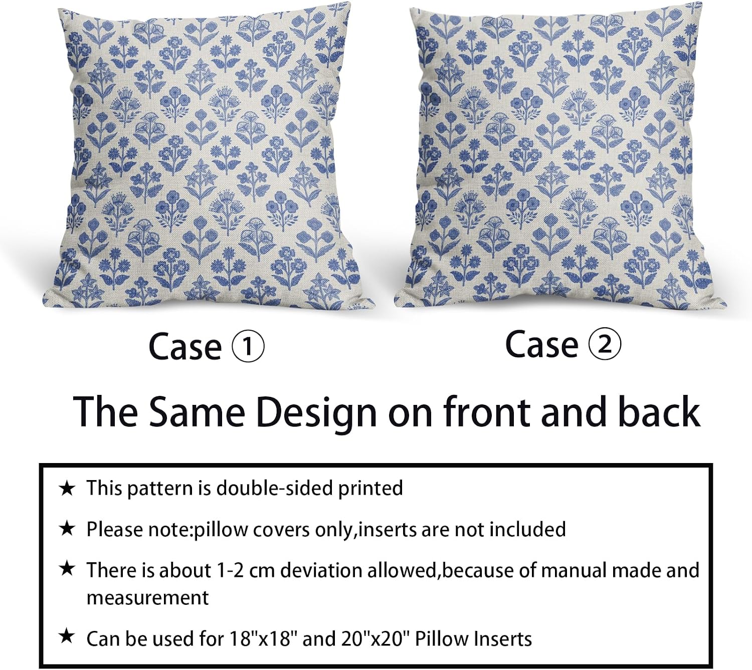 Blue Floral Pillow Covers 24x24 Inch Set of 2, Vintage Flower Block Print Pattern Decorative Throw Pillowcases Outdoor Farmhouse Cushion…