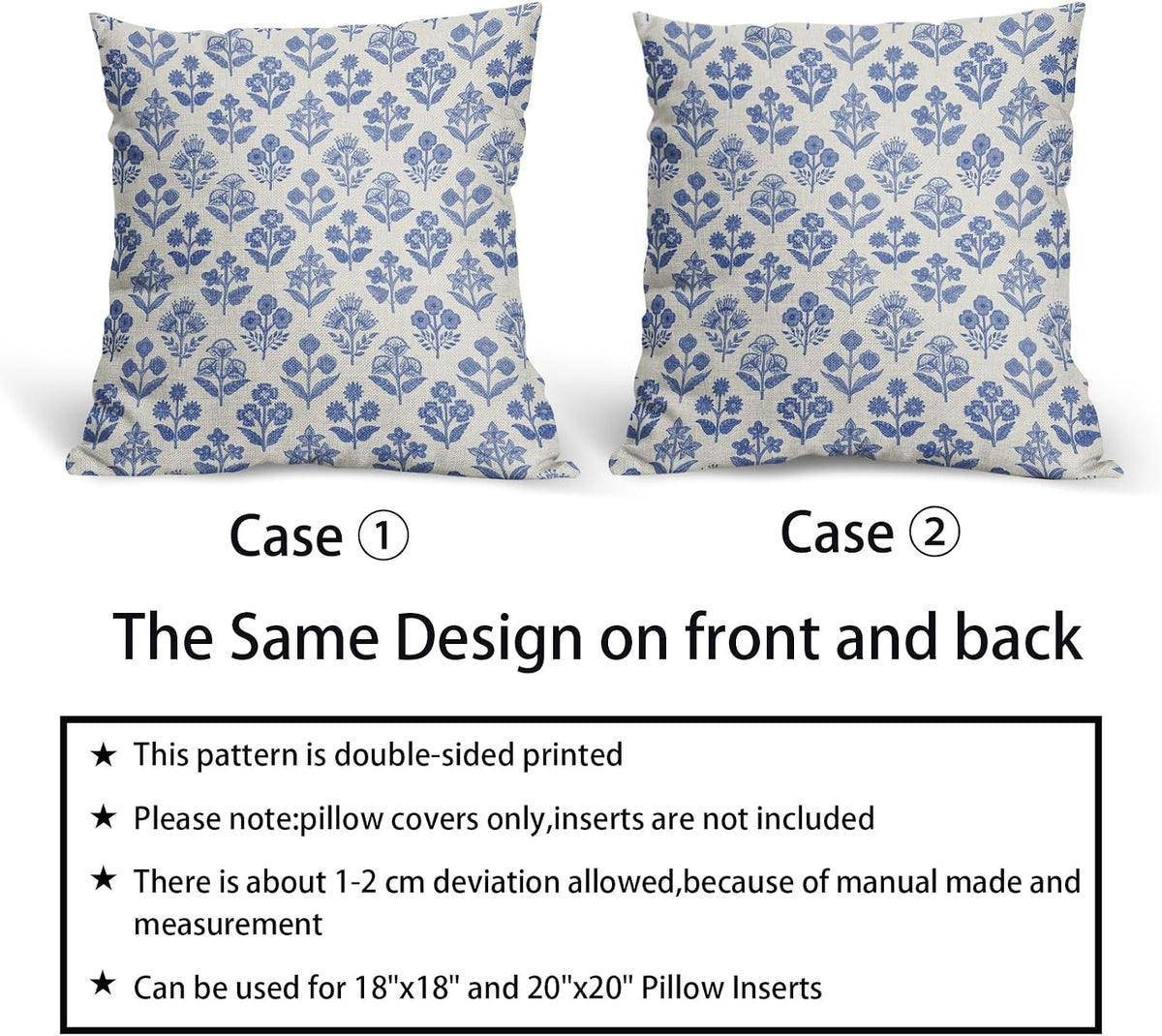 Blue Floral Pillow Covers 22x22 Inch Set of 2, Vintage Flower Block Print Pattern Decorative Throw Pillowcases Outdoor Farmhouse Cushion…