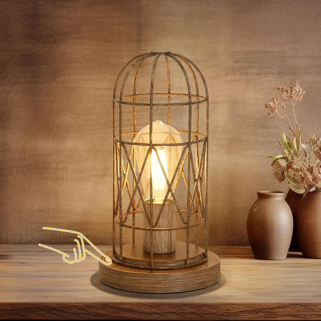 Touch Control Table Lamp for Small Spaces - 3 Way Dimmable Nightstand & Bedside Lamp for Bedroom & Living Room, Rustic Wood Cage Shade…