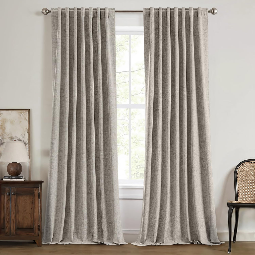 Miulee 100% Blackout Linen Curtains for Bedroom, Greige Solid Luxury Decor Thermal Insulation Room Darkening Drapes for Living Room Nursery…