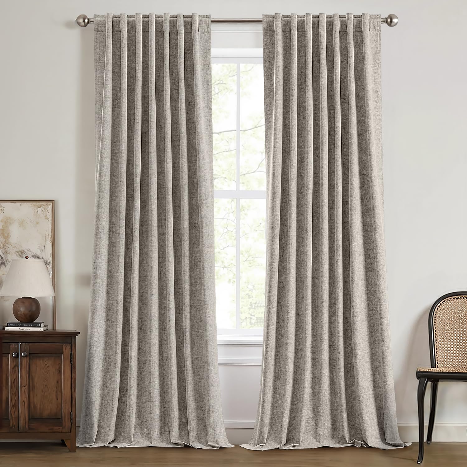 Miulee 100% Blackout Linen Curtains for Bedroom, Greige Solid Luxury Decor Thermal Insulation Room Darkening Drapes for Living Room Nursery…