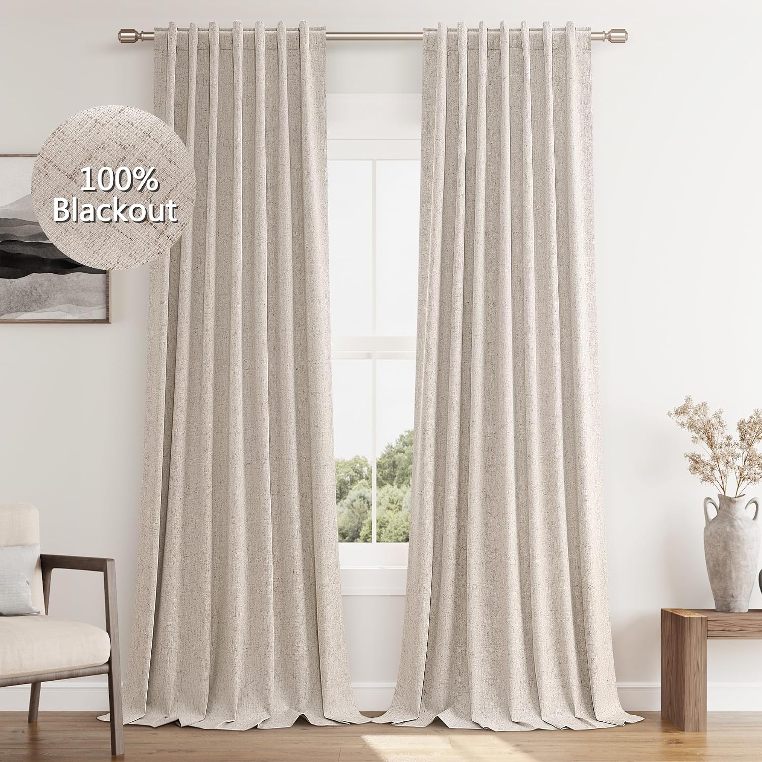 Guken Oatmeal 100% Blackout Curtains 84 Inch Length 2 Panels Set for Living Room Bedroom Back Tab Thermal Insulated Black Out Linen Drapes…