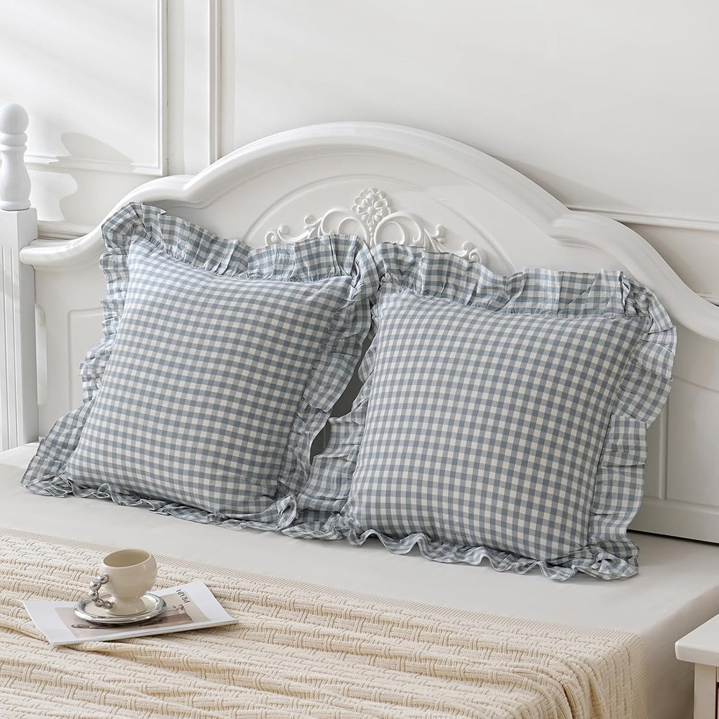 Qilunn Blue White Plaid Euro Pillow Shams Ruffle Pillowcases Set of 2, Shabby Checkered Washed Cotton Pillow Covers-26 x26, Blue/White Plaid…