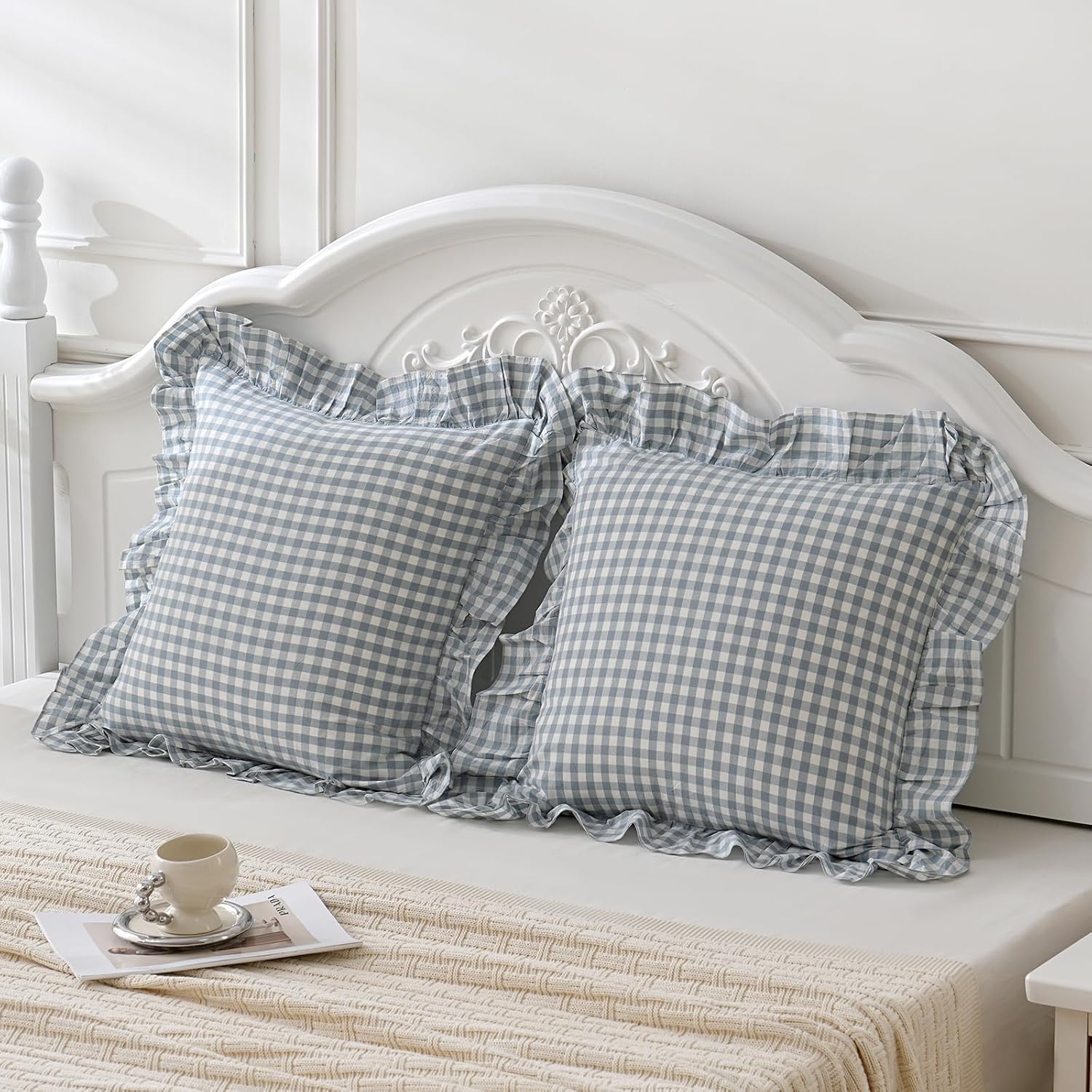 Qilunn Blue White Plaid Euro Pillow Shams Ruffle Pillowcases Set of 2, Shabby Checkered Washed Cotton Pillow Covers-26 x26, Blue/White Plaid…