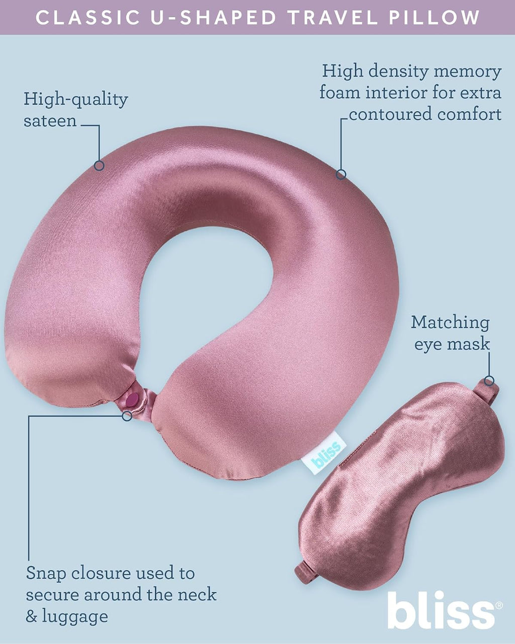 Bliss Neck Pillow Set - Lightweight U-Shaped Memory Foam Satin Travel Neck Pillow with Snap Closure and Matching Eye Mask for Airplane…