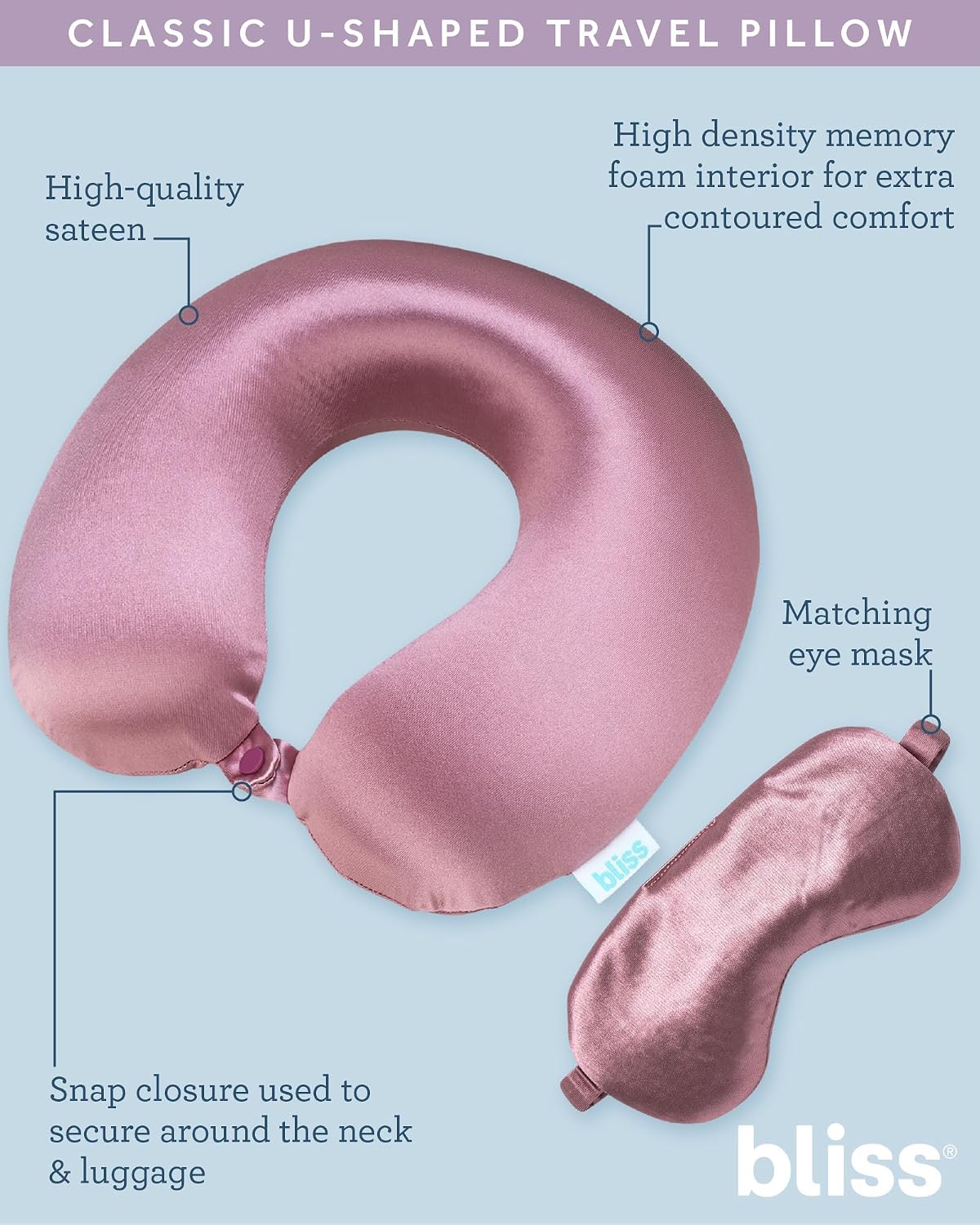 Bliss Neck Pillow Set - Lightweight U-Shaped Memory Foam Satin Travel Neck Pillow with Snap Closure and Matching Eye Mask for Airplane…