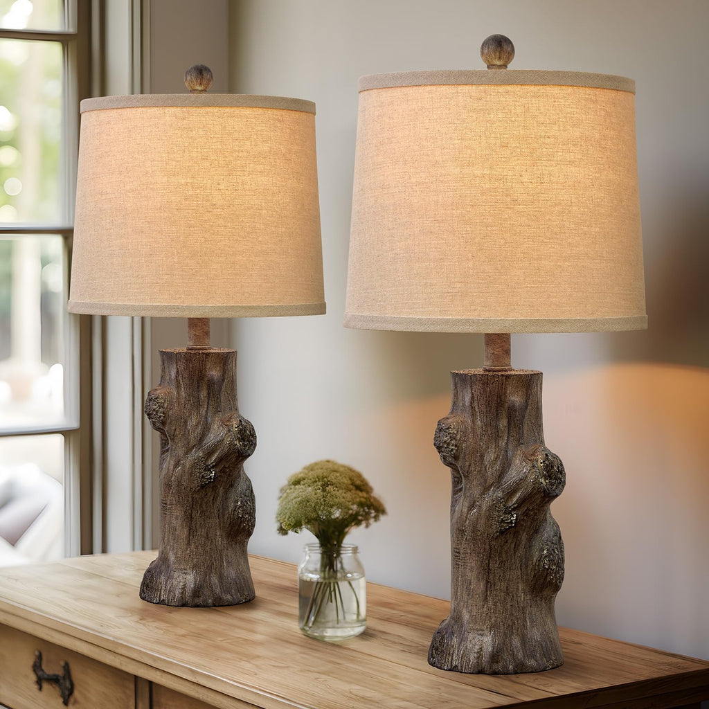 OYEARS 23"Resin Table Lamps for Living Room Set of 2 Country Cottage Farmhouse Lamp for Bedroom Tree Trunk Wood Grain with Oatmeal Fabric…