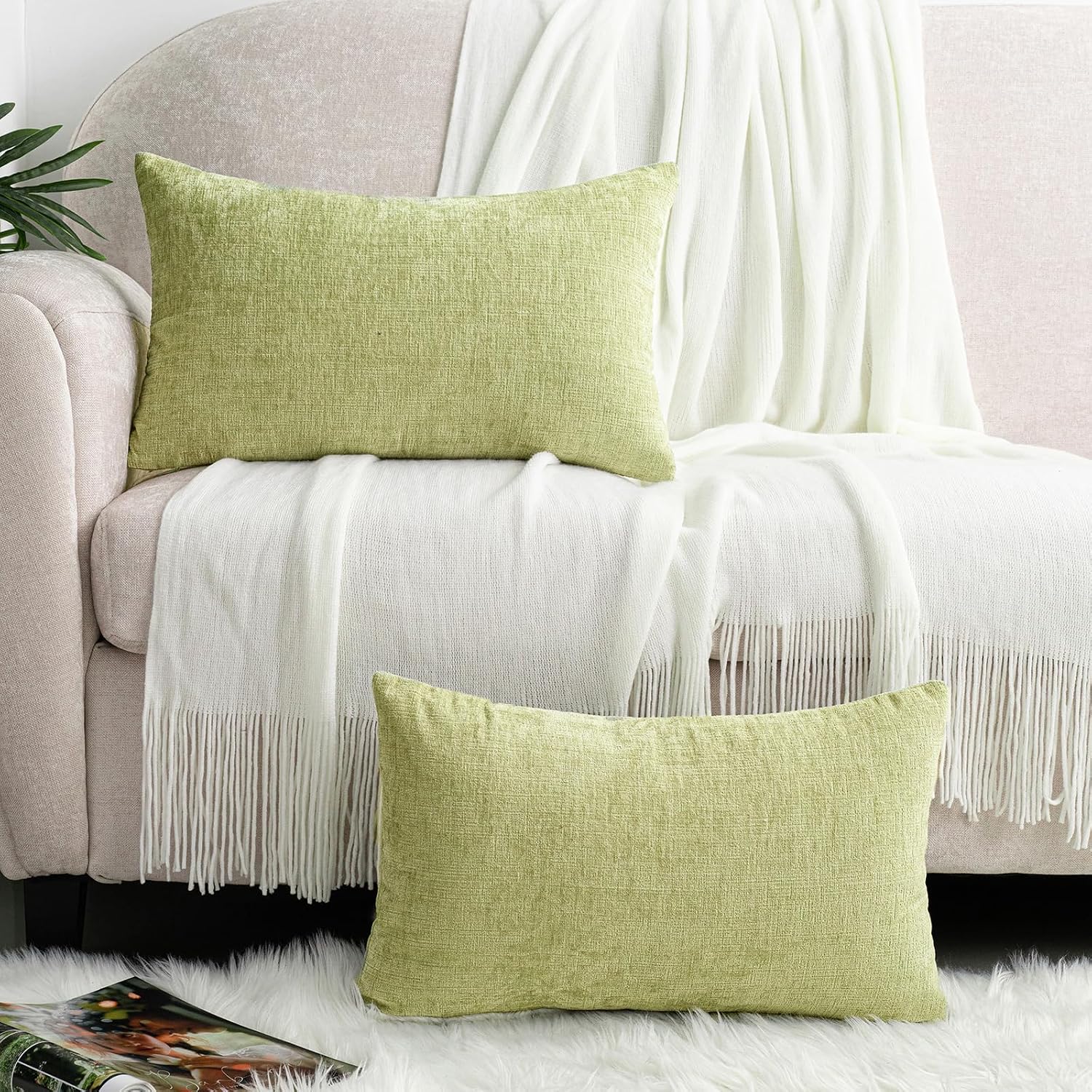 Hwy50 HWY 50 Spring Sage Green Lumbar Throw Pillow Covers 12x20 Inch Pack of 2, Soft Chenille Rectangle Decorative Cushion Cases for Couch…