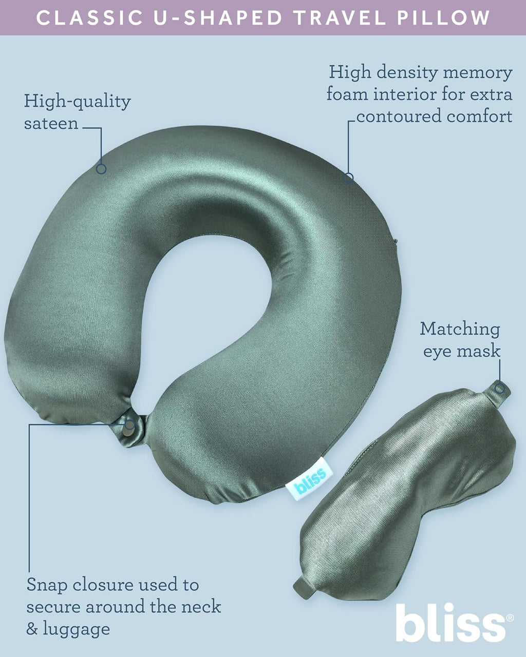 Bliss Neck Pillow Set - Lightweight U-Shaped Memory Foam Satin Travel Neck Pillow with Snap Closure and Matching Eye Mask for Airplane…