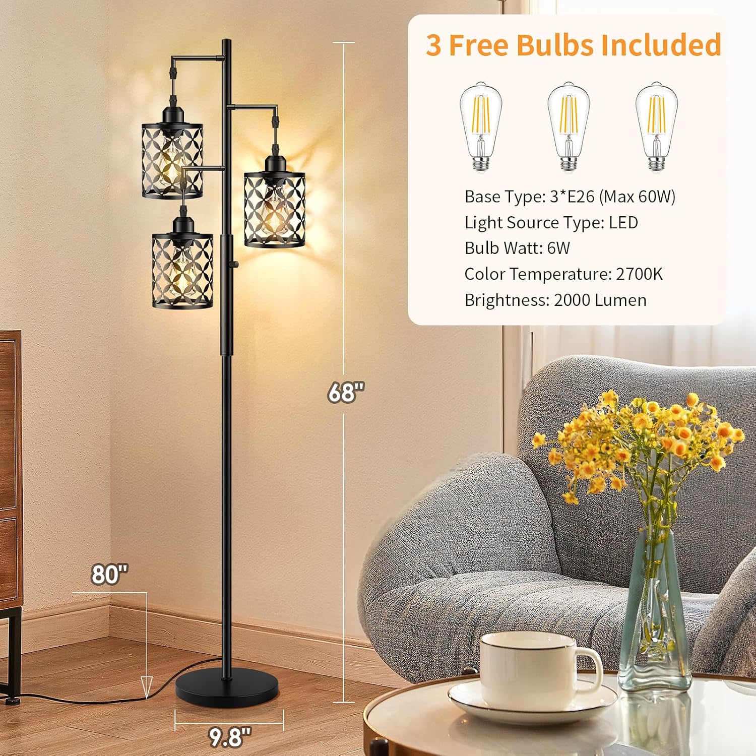 Dimmable Floor Lamp, Farmhouse Standing Lamp with Elegant Metal Cage, Industrial Tall Tree Floor Lamps for Living Room, Bedroom, Study…