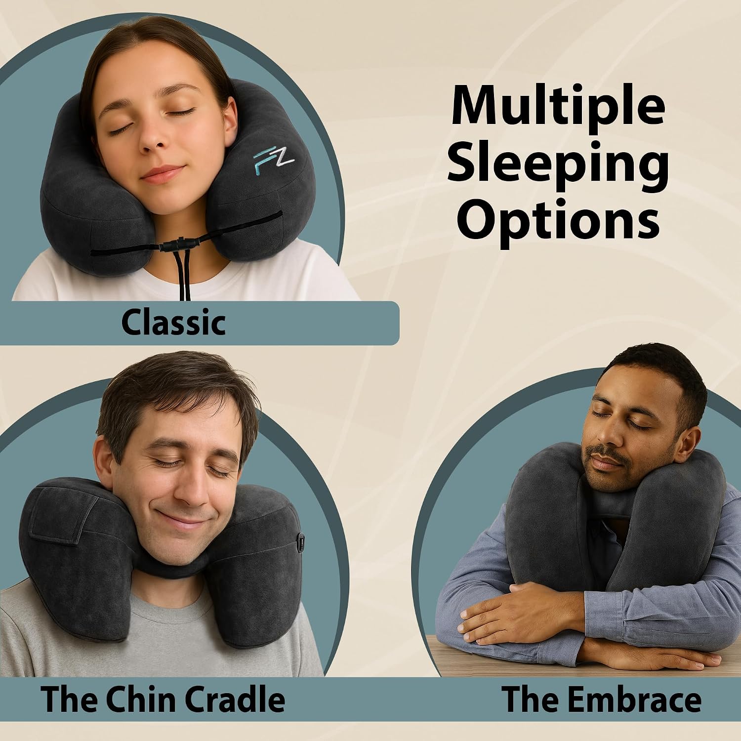 FLOWZOOM Air Inflatable Neck Pillow for Traveling on Plane - H-Shape Hooded Airplane Pillow with 5 Snooze Modes, Fast Inflation, Pressure…