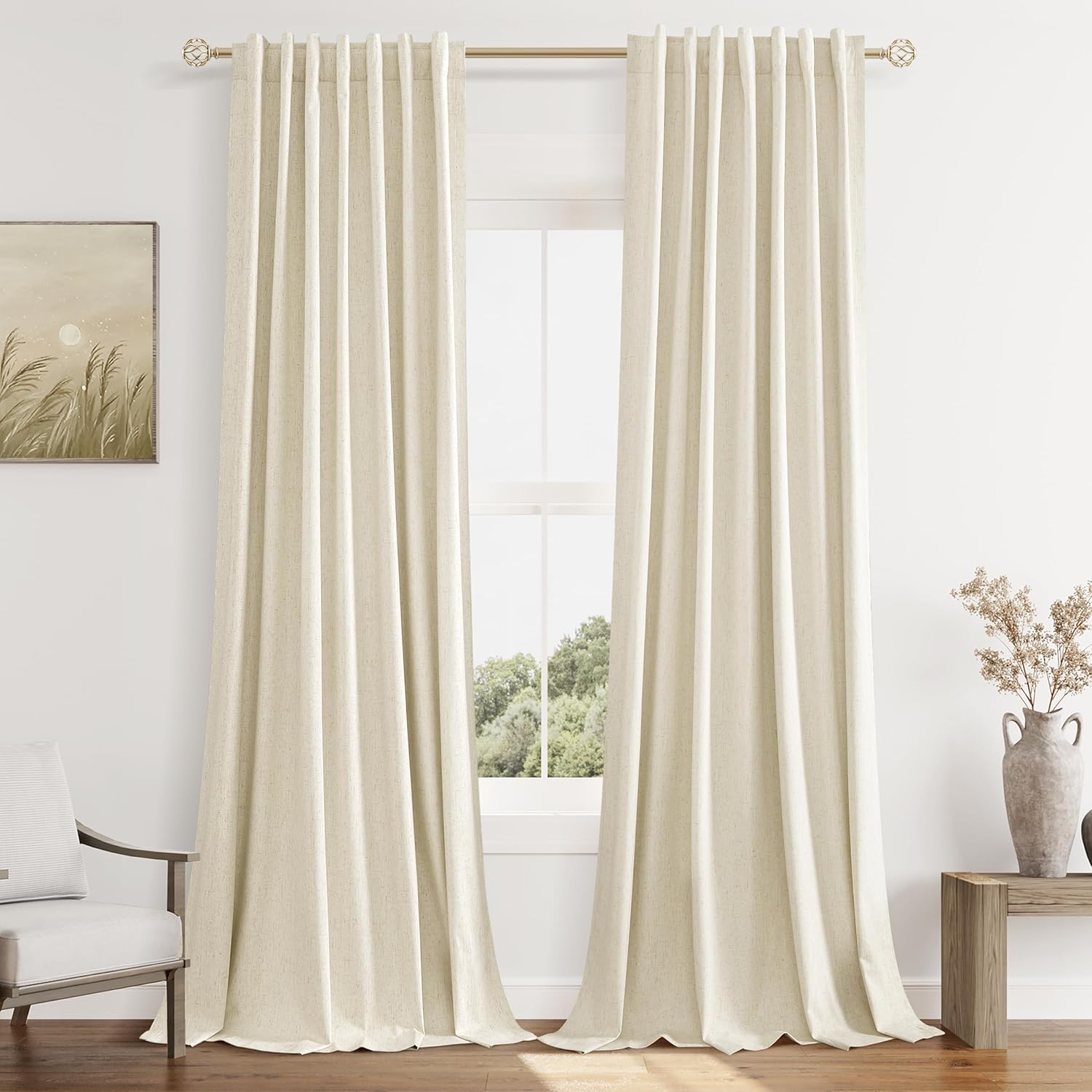 Guken Warm Beige 100% Blackout Linen Curtains 102 Inch Length 2 Panels Set for Living Room Bedroom Back Tab Thermal Insulated Black Out Dra…