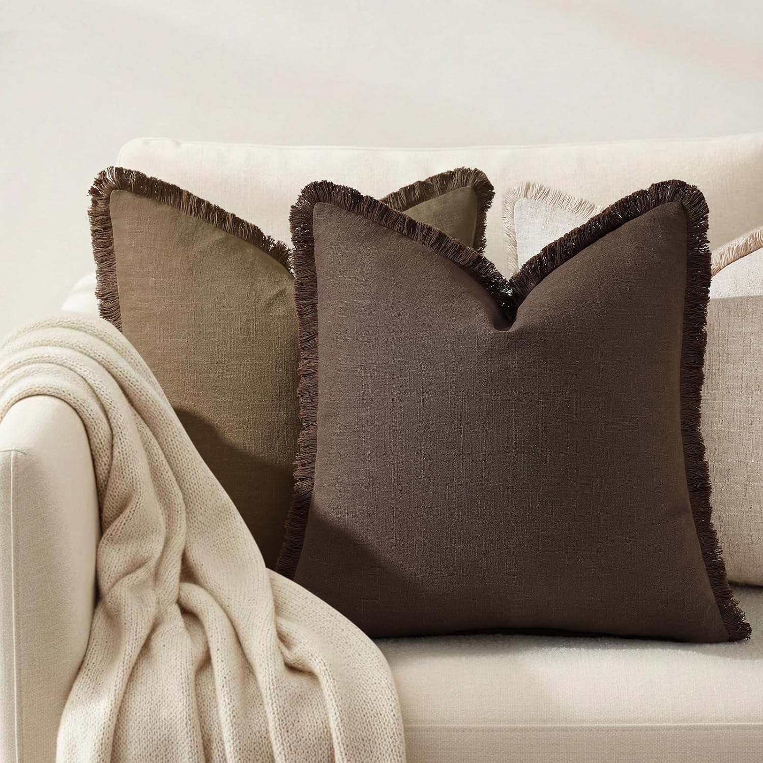 decorUhome Summer Decorative Neutral Linen Fringe Throw Pillow Covers Set of 2 Chocolate Pillow Covers with Tassels Soft Farmhouse Boho Acc…
