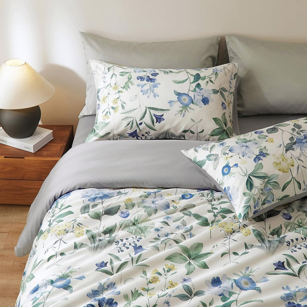 mixinni Reversible Floral Duvet Cover Set King Size, 3 Piece Blue Green Botanical Bedding Set with Zipper Closure & 4 Corner Ties, Farmhous…