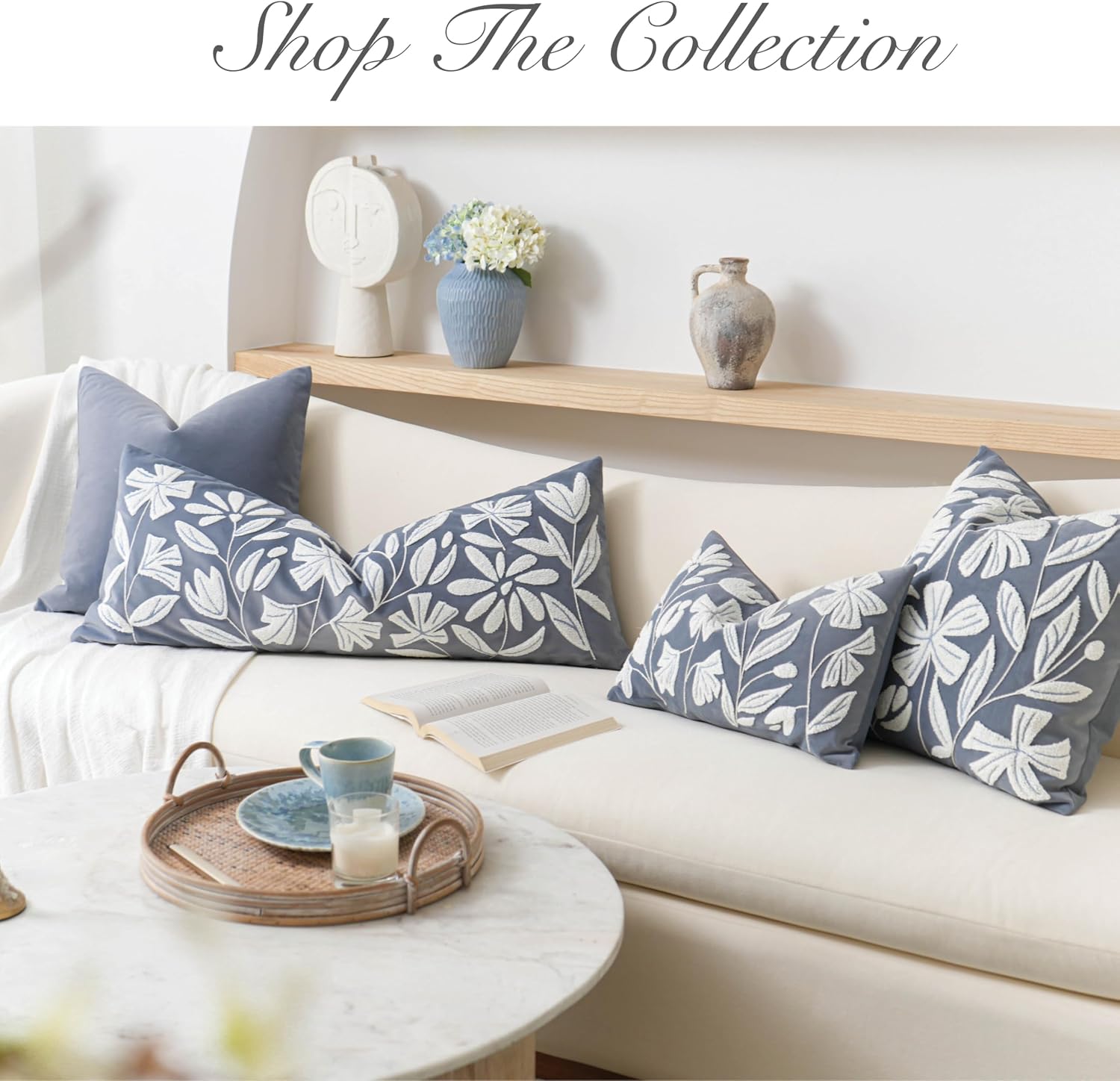 BlissBlush 12x20 Lumbar Pillow Cover, Grayish Blue Rectangular Decorative Throw Pillowcase for Couch Sofa, Floral Tufted Embroidered…