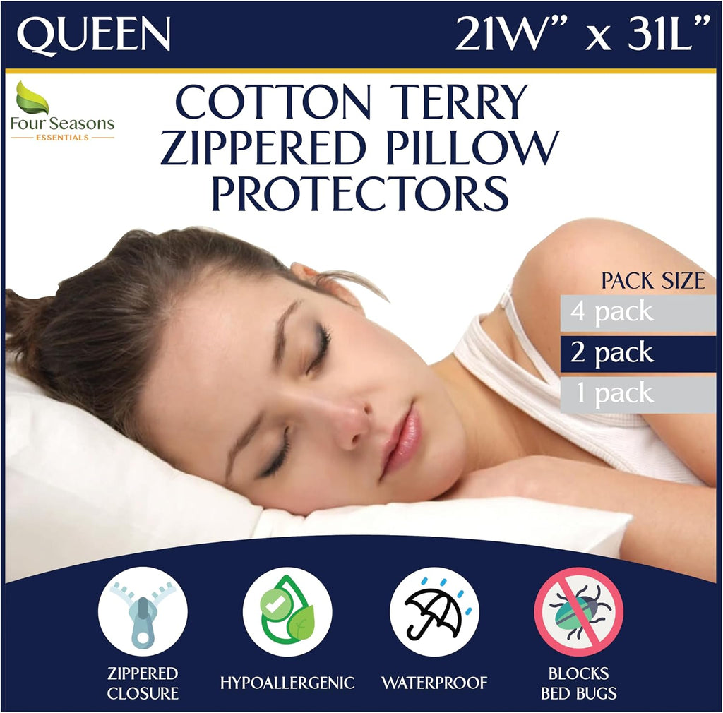 Queen Pillow Protectors (Set of 2) – Pillow Cover Waterproof Hypoallergenic Dust Proof Zippered Encasement- Cotton Terry