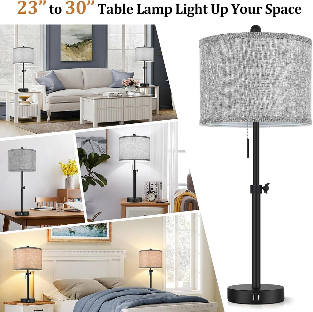 Kondras Table Lamps for Bedroom Set of 2, 23''-30'' Adjustable Height Bedside Lamps with 2 USB Ports, Black Nightstand Lamps with Grey…