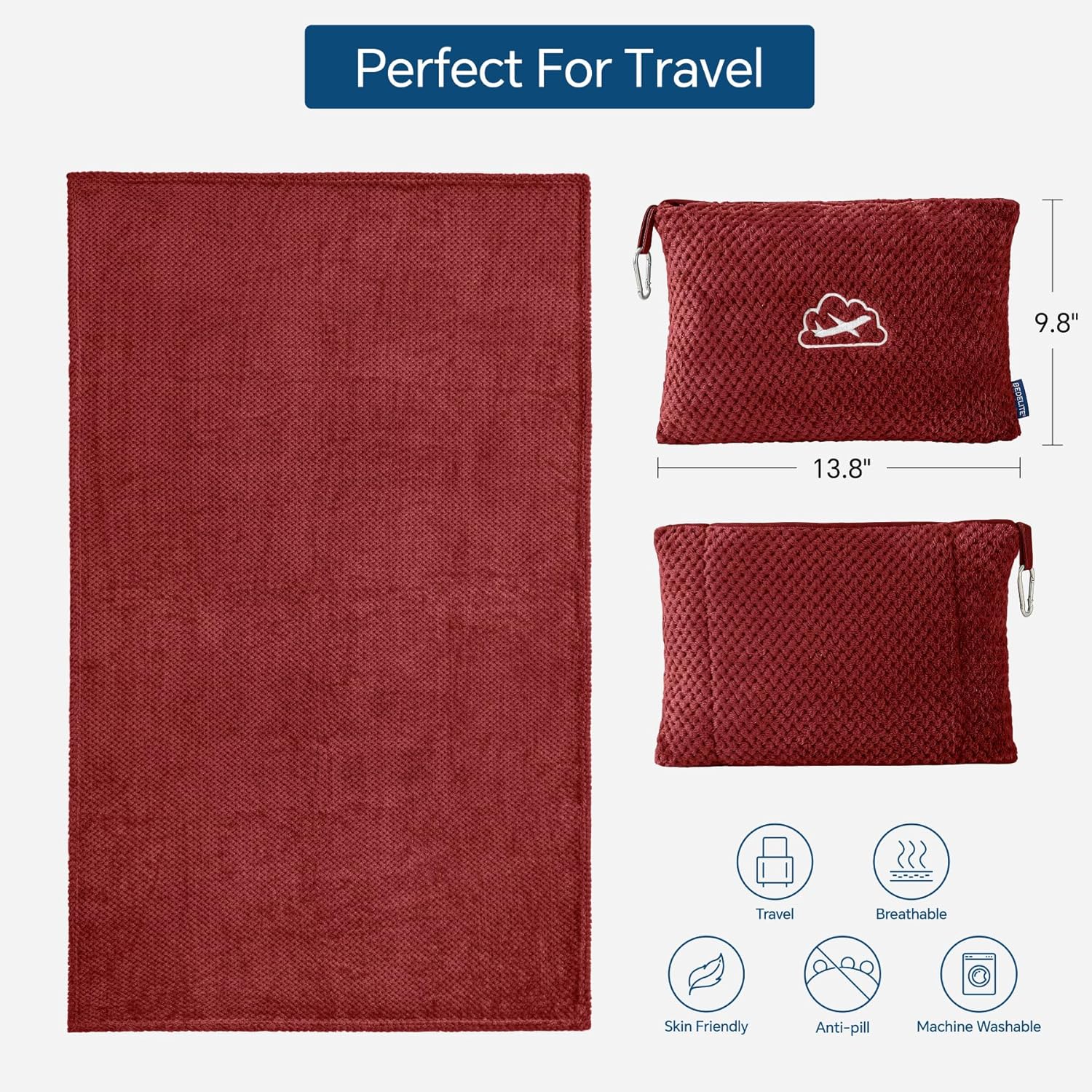 Bedelite Travel Blanket with Bag, Ultra-Soft Jacquard Fleece Blanket with Luggage Sleeve & Backpack Clip, Airplane Blanket Travel Essential…